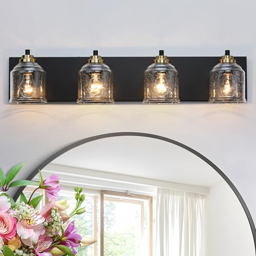 32" 4-Light Farmhouse Bathroom Vanity Light with Bubble Glass, Black | Farmhouse Rustic style, Matte Black Metal Base, E26 Ceramic Socket, UL&ETL Listed, Up&Down Mountable, Hardwired, over Mirror - size: 4-Light (31.5inch)