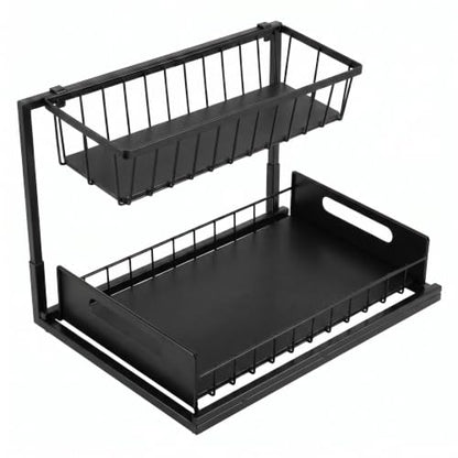L-Shaped Under Sink Organizer, Black | 2-Tier, Slide Out Cabinet Storage, Solid Metal Handles - color: Black/White