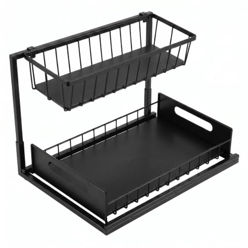 L-Shaped Under Sink Organizer, Black | 2-Tier, Slide Out Cabinet Storage, Solid Metal Handles - color: Black/White