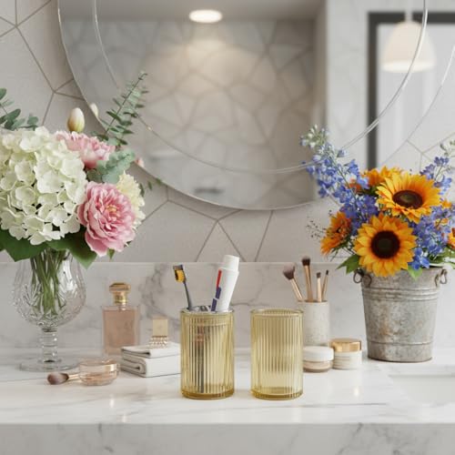 Toothbrush Holders for Bathrooms, 2pcs Glass Toothbrush Holder, 12oz Bathroom Tumbler and Mouthwash Cup, Tooth Brush and Toothpaste Organizer for Bathroom Vanity Countertop (Amber Silver) - color: Amber Silver