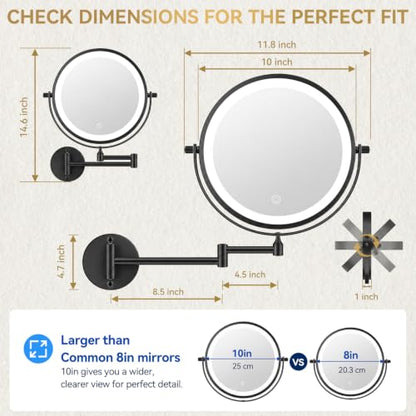 Auxmir 10″ 5000mAh 1X/30X Wall Mounted Lighted Magnifying Makeup Mirror | Double‑Sided Button, Rechargeable, 3 Dimmable Colors, 360° Rotation, Extended Arm, 30X Magnification, Bathroom, Black - color: 10'' 30x-black