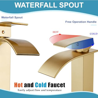 Midanya Waterfall Tall Bathroom Vessel Sink Faucet,Brushed Gold | with 24” cUPC Water Hoses,Pop Up Drain without Overflow,for 1 hole Vanity,RV,Lavatory,Bowl,Farmhouse,SUS304,Single Handle - color: Gold