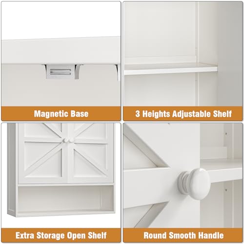 Bathroom Wall Cabinet, White 25.9" x 23.6" Over The Toilet Storage Cabinet, Bamboo Wall Mounted Bathroom Cabinet with Adjustable Shelves for Kitchen & Laundry Room (White)