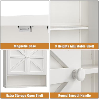 Bathroom Wall Cabinet, White 25.9" x 23.6" Over The Toilet Storage Cabinet, Bamboo Wall Mounted Bathroom Cabinet with Adjustable Shelves for Kitchen & Laundry Room (White)