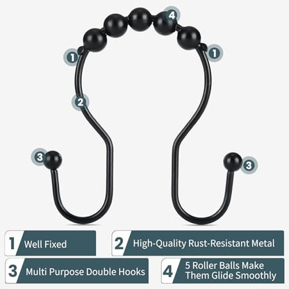 Shower Curtain Hooks, OEH Shower Curtain Rings, Black Shower Curtain Hooks Rust Proof, Smooth Gliding Metal Shower Curtain Rings Rust Proof, Double Shower Rings for Curtain, 12 Pcs, Black - color: Black, size: Classic Double Hooks