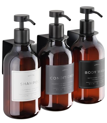 Shower Shampoo Dispenser Wall Mounted – 3 Refillable 16.9 oz Amber Bottles with Stainless Steel Pumps & No-Drill Adhesive Holders – Soap Dispenser Set for Bathroom (3 X Amber/Black) - color: 3 X Amber/Black