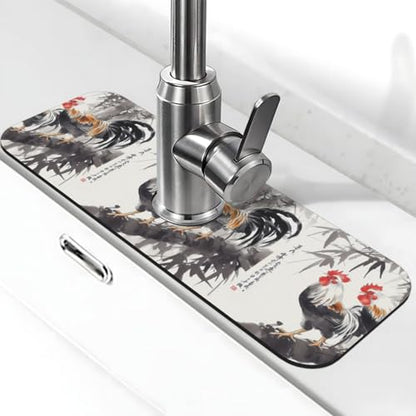 Ink Wash Two Chickens 15x5.5 Inch Diatomite Faucet Mat - Absorbent Sink Splash Guard For Kitchen & Bathroom, Fast-Dry Sink Drying Mat With Non-Slip Backing