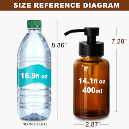 Amber Foam Soap Dispenser, 14.1 oz/400ml Foaming Hand Soap Dispenser, 2 Pack Glass Foaming Dispenser for Bathroom & Kitchen, Refillable Liquid Dispenser Bottle with Waterproof Labels - color: Amber Bottle+black Pump