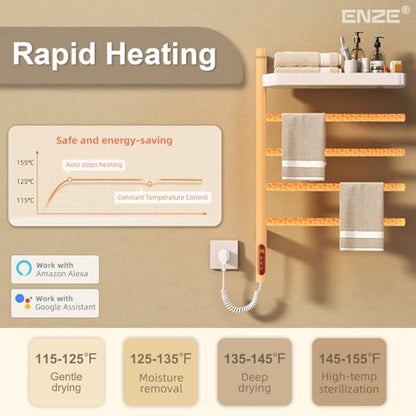 ENZE Smart Rotating Heated Towel Rack, 4-Bar, White | Wall-Mounted Electric Towel Warmer, Swivel Shelf, Wi-Fi App Control, 24H Timer, Stainless Steel - color: White 17.72"x26.77"
