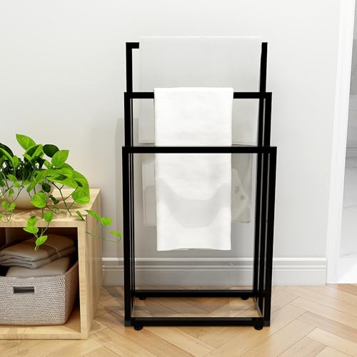 Metal Free Standing Towel Rack 3 Tiers Hand Towel Holder Organizer for Bathroom, Floor Outdoor Standing Towels Drying Rack for Poolside Black