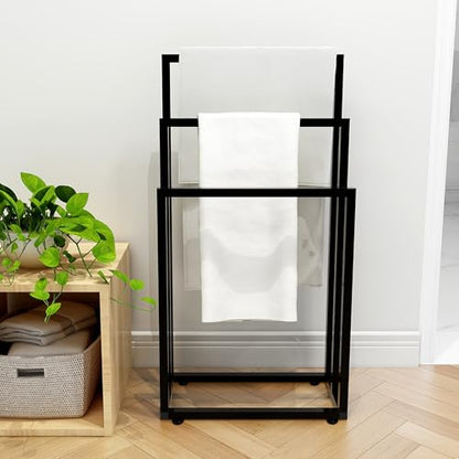 Metal Free Standing Towel Rack 3 Tiers Hand Towel Holder Organizer for Bathroom, Floor Outdoor Standing Towels Drying Rack for Poolside Black