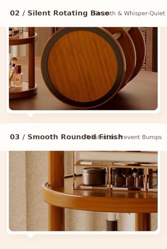3-Tier Rotating Bamboo Makeup Organizer with Silent 360° Turntable, Large Capacity Desktop Storage Rack for Vanity, Kitchen, Coffee Station & Entryway