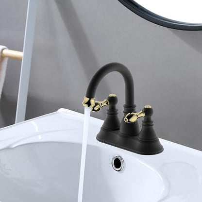 Matte Black with Brass 4 Inch Centerset Bathroom Faucet 3 Hole with Drain | Derengge High Arc Classic 2-Handle Bathroom Sink Faucet, Vanity Lavatory Faucet with 360° Swivel Spout,F-4501-MG - color: Matte Black with Polished Brass Trim