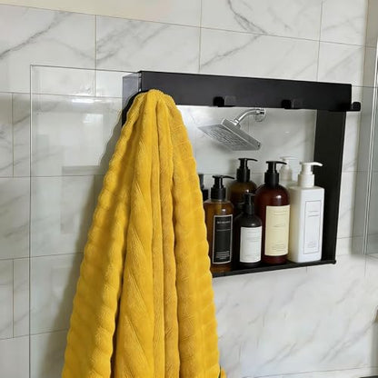 Hanging Shower Shelf with Hooks, Bathroom Caddy Shower Organizer for Shower Glass Panels, Over The Door Metal Shower Shelves for Bathroom, Black