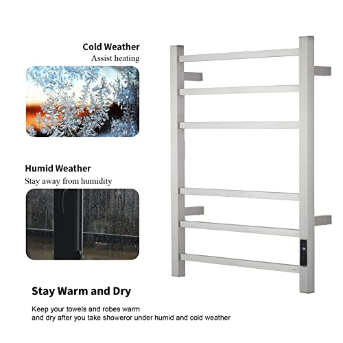Electric Towel Warmer - Wall Mounted Bathroom Heated Towel Rack, Plug-in Design & Brushed Stainless Steel Finish (Square Brushed with Timer ETW13CS, 6 Bar)