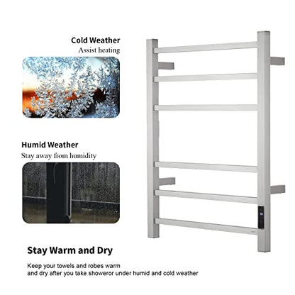 Electric Towel Warmer - Wall Mounted Bathroom Heated Towel Rack, Plug-in Design & Brushed Stainless Steel Finish (Square Brushed with Timer ETW13CS, 6 Bar)