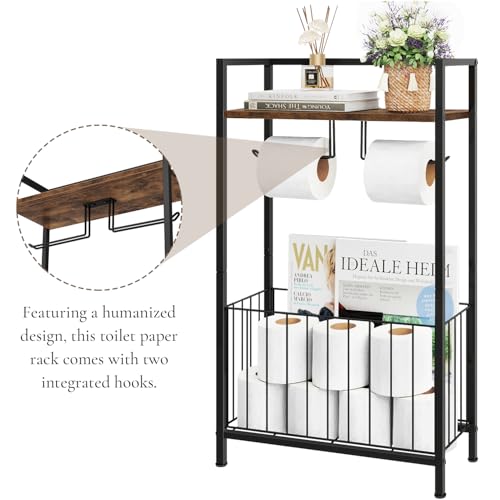 Freestanding Toilet Paper Holder with Storage, Rustic Brown | Toilet Paper Holder Stand with Wooden Shelf for Bathroom Storage, Dual Toilet Paper Roll Stand for Extra Rolls & Magazines