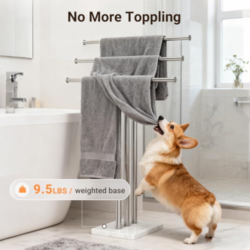 ELYKEN Standing Towel Rack for Bathroom, Adjustable 3-Tier Towel Stand | Weighted Marble Base, Brushed Stainless Steel, Freestanding Design, Holds Bath Towels, Rust Resistant, Ideal for Bathroom - size: 3 Tiers