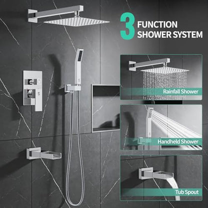 SR SUN RISE 10 Inch All Metal Square Shower System with Tub Spout, Tub Shower Faucet Set, High Pressure Rain Shower Head and Handheld Sprayer Shower Fixtues, Valve Included, Polished Chrome - color: Polished Chrome, size: 10 Inch