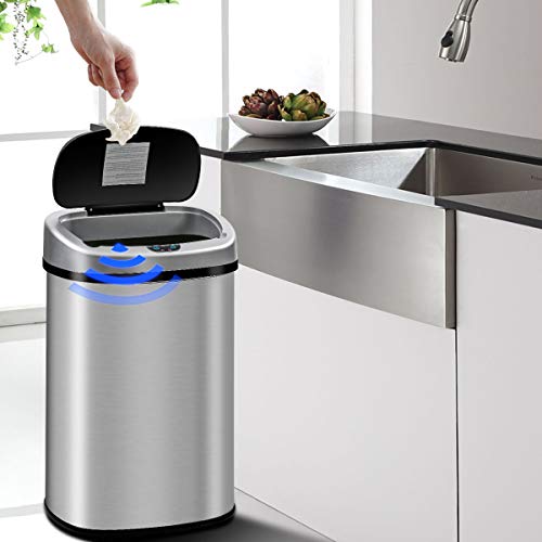 HGS Kitchen Trash Can Garbage Can Waste Bin 13 Gallon Trash Can Stainless Steel with Lid Touch Free Automatic Sensor Garbage Bins 50 Liter Large Capacity Can for Home Bathroom Office Bedroom