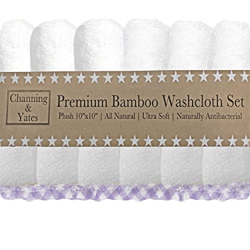 Channing & Yates Premium Boutique Baby Washcloths - (6-Pack) Organic Viscose Made from Bamboo Wash Cloths 2X Thick & Soft - Helps Eczema - Adult Face Washcloths - (Purple on White) - color: Purple