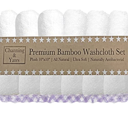 Channing & Yates Premium Boutique Baby Washcloths - (6-Pack) Organic Viscose Made from Bamboo Wash Cloths 2X Thick & Soft - Helps Eczema - Adult Face Washcloths - (Purple on White) - color: Purple