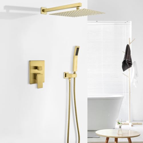 WELLFOR Brushed Gold 12" Wall Mounted Shower Faucet Set Single Handles, Dual Head Shower Faucet System with 2-way Diverter, Shower System with Handheld Spray, Rough in Valve, Hot Cold Water - color: Gold, style: Wall Mount 12-Inch