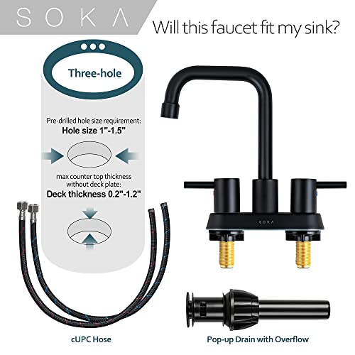 SOKA Centerset Bathroom Faucet 2 Handles 4 Inch Commercial Hand Sink Touch Faucets 3 Hole Bathroom Sink Faucet - color: Matte Black, size: 4" Gooseneck