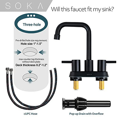 SOKA Centerset Bathroom Faucet 2 Handles 4 Inch Commercial Hand Sink Touch Faucets 3 Hole Bathroom Sink Faucet - color: Matte Black, size: 4" Gooseneck