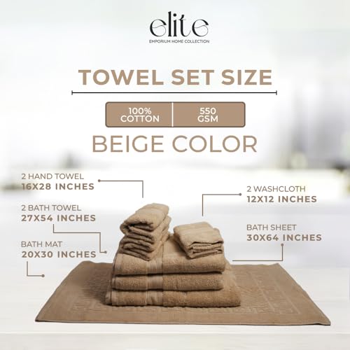 ELITE Emporium Home Collection 8-Piece Cotton Bath Towel Set - Ultra Soft, 550 GSM, Quick-Dry Towels - Bath Sheet, Bath Towels, Hand Towels, Washcloths, Bath Mat - Luxury Bathroom Towel Set (Beige) - color: Beige