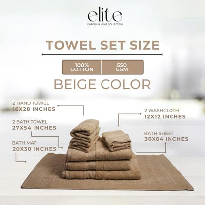 ELITE Emporium Home Collection 8-Piece Cotton Bath Towel Set - Ultra Soft, 550 GSM, Quick-Dry Towels - Bath Sheet, Bath Towels, Hand Towels, Washcloths, Bath Mat - Luxury Bathroom Towel Set (Beige) - color: Beige