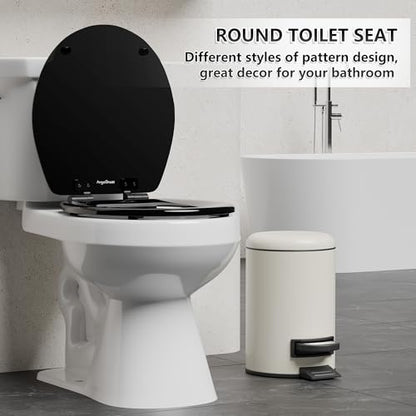 Angol Shiold Slow Close Wood Toilet Seat（Black, Round 16.5''） | Durable enameled wood round toilet seat, adjustable non-slip hinges, anti-pinch bumpers, easy to install and clean