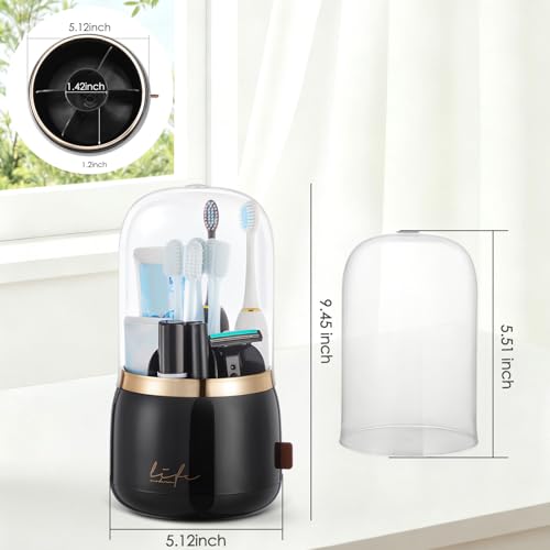 Toothbrush Holders, Toothbrush Holders for Bathrooms, Makeup Brush Holder | Toothbrush and Toothpaste Holder, Rotatable Toothbrush Holder with Transparent Dust Cover, Multi Drainage Vent Holes - color: Black
