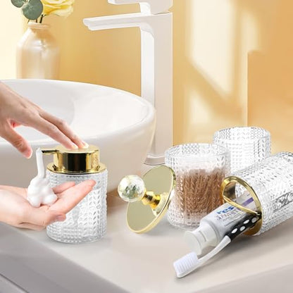 DASITON Bathroom Accessories Set,4Pcs Glass Bathroom Counter Set with Foaming Soap Dispenser,Toothbrush Holder,Bathroom Tumbler,Cotton Swab Jars, for Vanity Bathroom Decor (Clear) D1102 - style: Clear