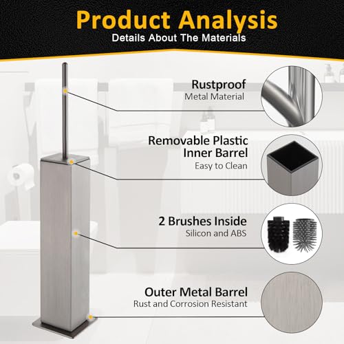 Toilet Brush and Holder Floor Standing, Brushed Nickel with 2 Replaceable Heads, Freestanding Toilet Bowl Brush with Removable Liner and Splash Guard, Modern Square Design - color: Brushed Nickel-standing