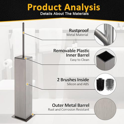 Toilet Brush and Holder Floor Standing, Brushed Nickel with 2 Replaceable Heads, Freestanding Toilet Bowl Brush with Removable Liner and Splash Guard, Modern Square Design - color: Brushed Nickel-standing