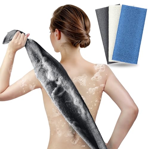 ARCH&M Exfoliating Back Washcloth & Body Scrubber, 3 Pack, 35-Inch | Japanese Washcloth, Exfoliation Shower Towel, Daily Use, Deep Cleansing, Nylon, Beauty Cloth For Smooth Skin - style: Black Off-White Navy-Blue