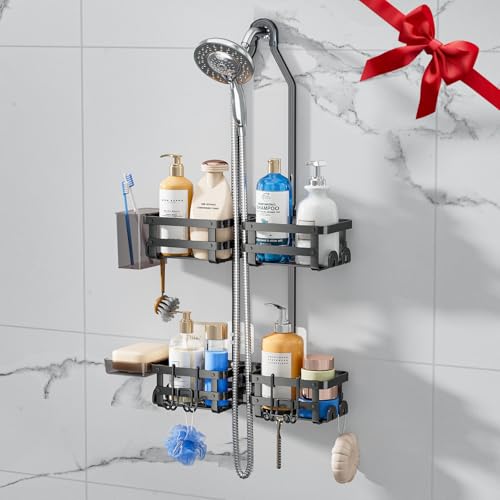 Aluminum Shower Caddy Hanging, Never Rust Shower Organizer | 4 Levels with adjustable Height 10 Hooks for Razor/Sponge - Rack with Soap Basket (Black-1) - color: Black-1
