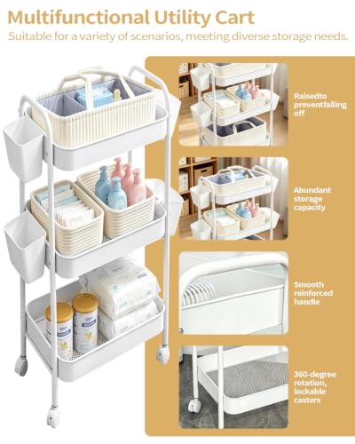 3 Tier Rolling Cart Organizer with Wheels, Metal Utility Storage Cart for Nursery, Bathroom, Kitchen, Craft Room & Laundry Room, Includes Hanging Baskets and Rope Storage Bin, White