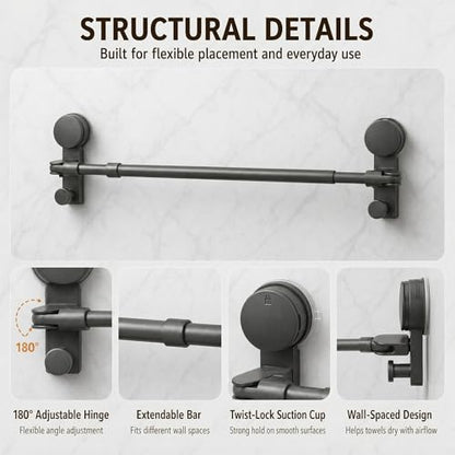 Suction Cup Towel Bar for Smooth Shower Walls, No Drill Adjustable Towel Rod 15.7-27.5 in, Rustproof Aluminum with Strong Vacuum Hold, Gray