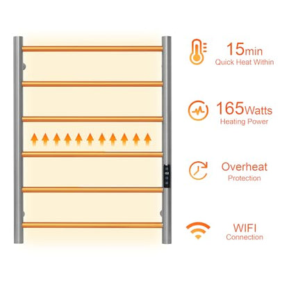 Electric Towel Rack with Voice Control for Alexa & Google Home,TUYA-Wall-Mounted Bathroom Heating Towel Warmer,Plug-in,26.77x20.47x4.39in,Stainless Steel Material,Brushed，6 Bars - color: Brushed With Wifi, size: 6 Bar