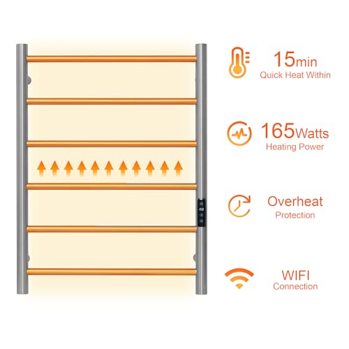 Electric Towel Rack with Voice Control for Alexa & Google Home,TUYA-Wall-Mounted Bathroom Heating Towel Warmer,Plug-in,26.77x20.47x4.39in,Stainless Steel Material,Brushed，6 Bars - color: Brushed With Wifi, size: 6 Bar