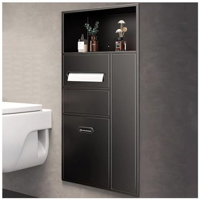 Recessed Bathroom Niche Cabinet, Stainless Steel Wall Mounted Bathroom Storage Organizer with Trash Can, Tissue Holder & Detachable Shelves, Waterproof Shower Niche Bathroom Shelf - color: Black