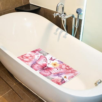 Bath Tub Mat Non Slip 15.1 x 26.8 Inch, Watercolor Seamless Pink Butterflies Eco Friendly Bathmat with Suction Cups Drain Holes Shower Tub Mats - color: Multi 10