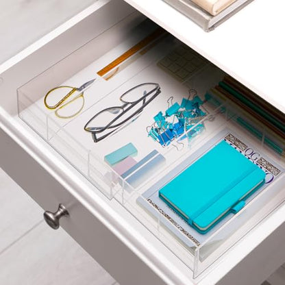 Briwooody 2 Pcs Acrylic Drawer Organizer 9'' up to 18'' x 15'' x 2'' Expandable Drawer Organizer Pens Notebook Ruler Makeup Tray with 7 Adjustable Compartments for Desk Office Kitchen Bathroom(Clear) - size: 18 x 15 x 2inch