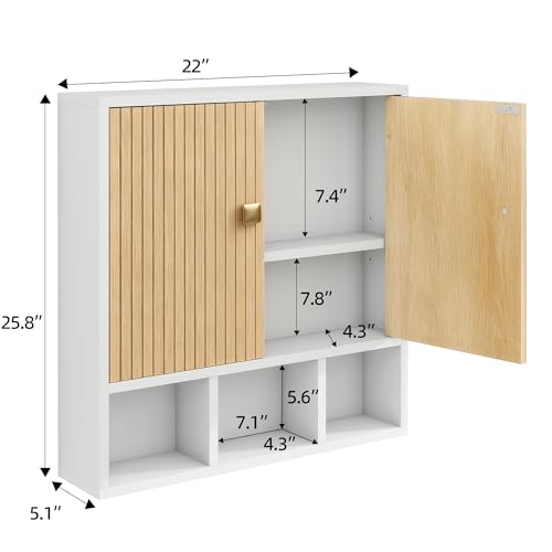 Bathroom Wall Cabinet,Wooden Medicine Cabinet with Fluted Doors Over The Toilet Storage Cabinet with Adjustable Shelf for Bathroom,White - color: White-wood Block