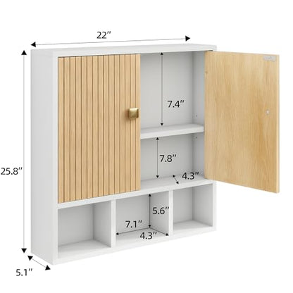 Bathroom Wall Cabinet,Wooden Medicine Cabinet with Fluted Doors Over The Toilet Storage Cabinet with Adjustable Shelf for Bathroom,White - color: White-wood Block