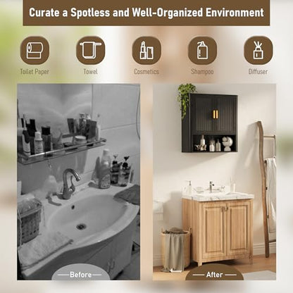 Bathroom Wall Cabinet, Wall-Mounted Medicine Cabinet with Adjustable Wood Shelf & Doors, Floating Bathroom Cabinet Over Toilet for Laundry Room & Kitchen & Living Room (Black) - color: Black