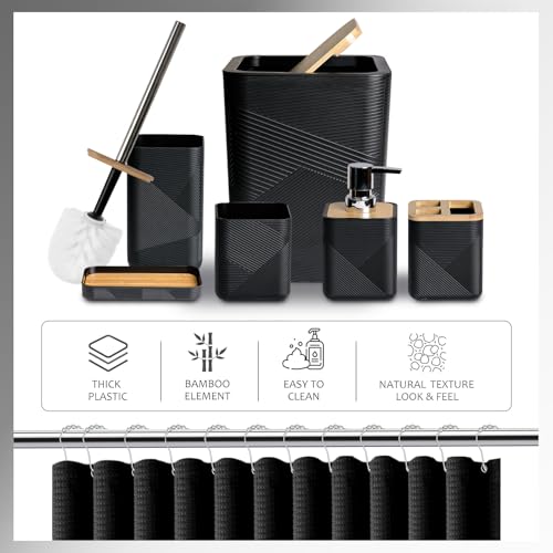 CERBIOR Bamboo Bathroom Accessory Set with Shower Curtain,Black,20PCS | Spiral Set Includes Shower Curtain,Soap Dispenser, Toothbrush Holder, Toothbrush Cup, Soap Dish for Decorative and House Gift - size: Bath Set+Shower Curtain, style: Black