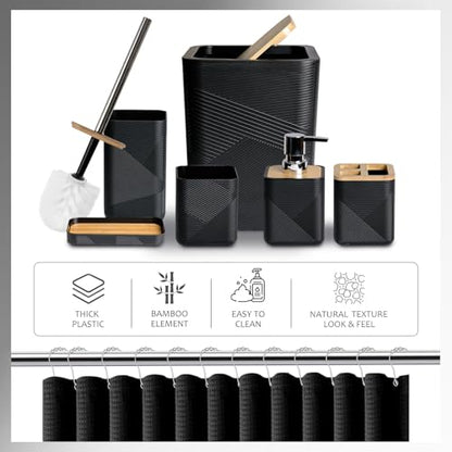 CERBIOR Bamboo Bathroom Accessory Set with Shower Curtain,Black,20PCS | Spiral Set Includes Shower Curtain,Soap Dispenser, Toothbrush Holder, Toothbrush Cup, Soap Dish for Decorative and House Gift - size: Bath Set+Shower Curtain, style: Black